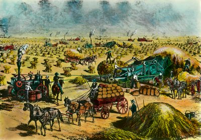 Zemědělská revoluce: sklizeň pšenice v Dakotě parními stroji v 19. století. Rytina 19. století. Paříž, dekorativní umění od Unknown artist