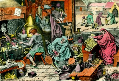 Alchymistická laboratoř Alchymista konzultující grimoár. Rytina soukromé sbírky 16. století od Unknown artist