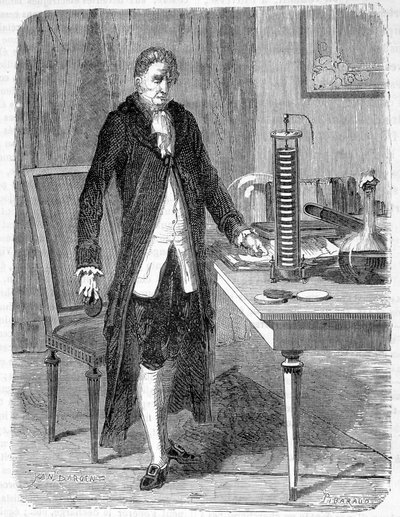 Alessandro (Alexandre) Volta postavil v roce 1799 elektromotor nebo elektrickou baterii - rytina od Unknown artist