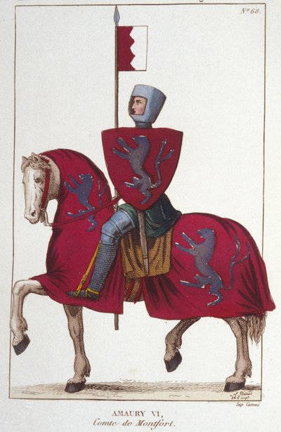Amaury VI, hrabě z Montfortu (v.1192-v. 1241), ztratil část dobytí svého otce Simona IV. Pevnost a postoupil svá práva na jih francouzskému králi Ludvíku VIII. Rytina z roku 1830. od Unknown artist