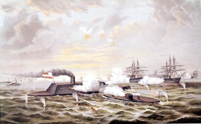 Americká občanská válka (1861–1865): Námořní bitva u Hampton Roads (Virginia) 8.–9. března od Unknown artist