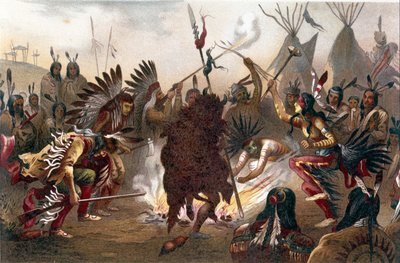 Rituál amerických indiánů (Indiáni na pláních jižní Dakoty): Siouxský válečný tanec. chromolitograf z „“The human race““ od Ratzela, přibližně 1890 od Unknown artist