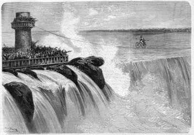 Američan Jenkins překročil Niagarské vodopády na Velocipedu v roce 1869. od Unknown artist