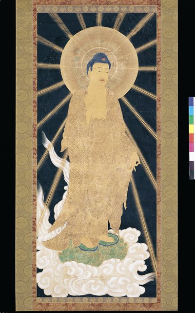 Amitabha (Amida) Triáda sestupující z nebe (pigment na konshi (modrý rýžový papír)) od Unknown artist