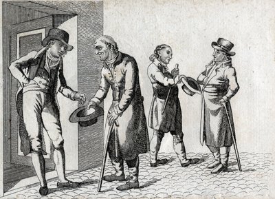 Amone. Žebráci pečující o klobouky, aby se do nich vešly mince. Koncová rytina 18. století. Soukromá sbírka. od Unknown artist