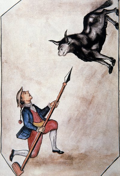Indián ukazující z kopí na býka, z knihy „Trujillo of Peru“ nebo „Codex Martinez Companion“, od Baltazara Martineze Companiona a Bujandy, biskupa z Trujillo (1782-1785) od Unknown artist
