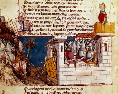 Armáda (od krále Pamplony?) se uchýlí do hradu a vyšplhá na Miniaturní levisův most z „“Vchodu Španělska““. Benátky 14. století, Biblioteca Marciana. od Unknown artist