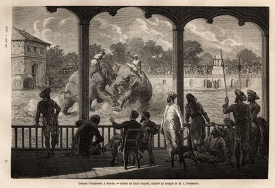 Sloní zápas v Baroda (nebo Vadodara), stát Gujarat na severovýchodním pobřeží Indie. Rytina k ilustraci plavby Rajahů v Indii od Louise Rousseleta v letech 1864-1868, publikovaná v „“Le tour du monde“““ 1870-1871, editoval Edouard Charto od Unknown artist