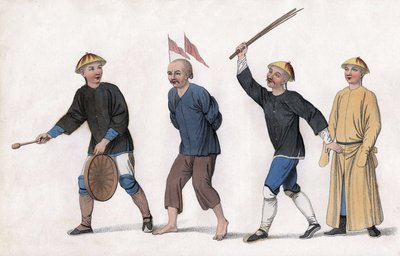 Obžaloba je vznesena k soudu. Aby upoutal pozornost veřejnosti, jsou na jeho hlavě upevněny rudé vlajky a muž zvoní na gong. Rytina, v „The Punishments of the Chinese“, London od Unknown artist