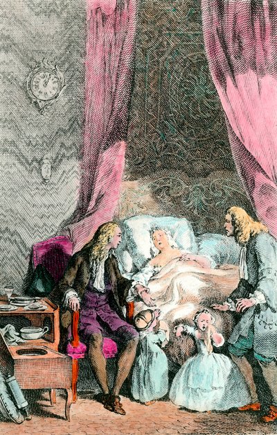 Lékař – pozorovatel Nemocná nebo již mrtvá žena je obklopena svou rodinou a lékařem. Děti jsou v slzách. Rytina kolem roku 1780. Paříž, Akademie medicíny od Unknown artist