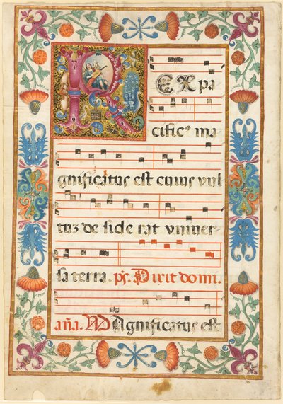 Anděl hrající na nástroj ve zdobené iniciále "R" s florou, faunou a groteskou z antifonáře od Unknown artist
