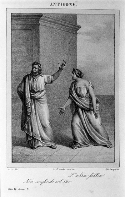 Antigona 4. dějství, scéna 5. Italská tragédie Vittoria Alfieriho napsaná v roce 1783 podle řecké mytologie. Rytina 18. století. od Unknown artist