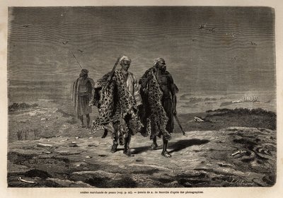 Arabští beduíni, obchodníci s panterskými kůžemi a ovčí vlnou na cestě k pochodu do Bagdádu (Irák). Engravure pour illustrrer le voyage dans la Babylon, en 1866, Guillaume Lejean, v „Le tour du monde, nouveau journal des voyages““ publikovaném pod dire od Unknown artist