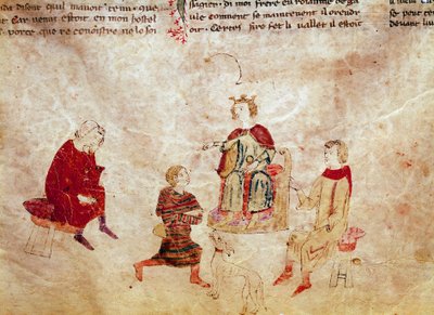 Artušovská legenda: „Král Artuš na svém trůnu obklopuje své rádce““ Miniatura z „“Meliada, bratra Tristana““ Benátská biblioteca Marciana ze 14. století od Unknown artist