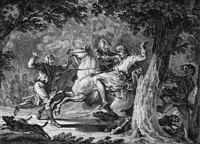 Atentát na Childerica II., 675: král Franků (asi 653-675) byl zabit v lese Lognes Bodillonem, lordem, kterého zbičoval. Rytina 18. století. od Unknown artist