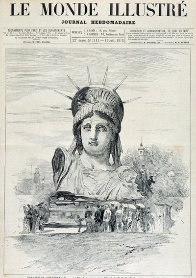 Na světové výstavě v roce 1878: hlava Sochy svobody od pana Bartholdiho, určená pro přístav New York – v „“The Illustrated World”” ze 13.7.1878 od Unknown artist
