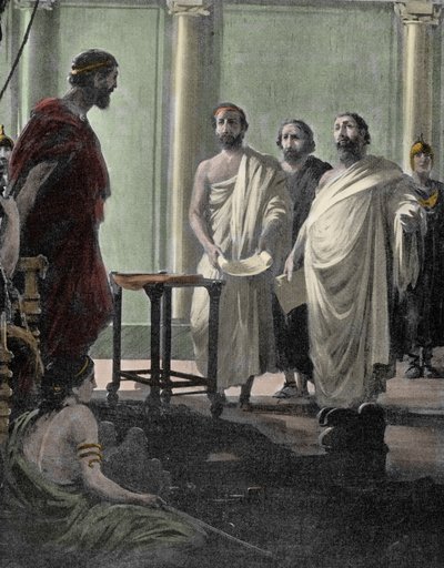 Athénský vojevůdce a politik Alkibiadés (450 př. n. l. – 404 př. n. l.), žák Perikla a Sokrata, odvolán v roce 407 demokratickým režimem v Athénách po jeho vyhnanství. Rytina 19. století od Unknown artist