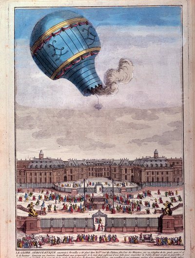 Let balónem: zkušenost bratří Montgolfierů před zámkem Versailles v září 1783. Rytina 18. století. Paříž, B.N. od Unknown artist