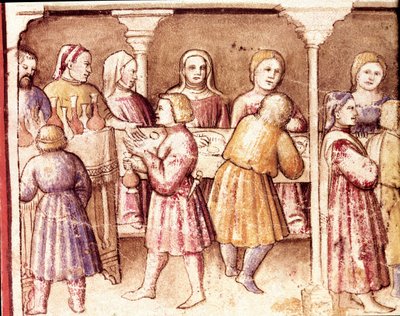 Banketová scéna v bohatém sídle v Padově Miniatura z kodexu 212 (nebo kodexu padovano nebo Bible z Padovy) 1390-1400 Rovigo, Accademia dei Concordi od Unknown artist