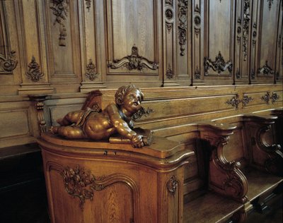 Barokní architektura: dřevěný stánek představující anděla, atribut evangelisty svatého Mathieu. Sbor (18. století) kostela sv. Štěpána. Vnitřní pohled. Marmoutier, Bas Rhin (67). od Unknown artist