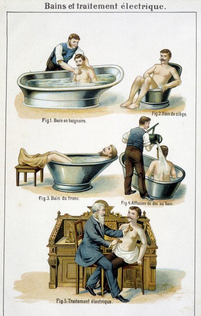 Koupele a elektroléčba: 1) vana, 2) sedací vana, 3) vana na trupu, 4) zpět do vany, 5) elektrická léčba - v „Bilzu, přírodní medicíně“, konec 19. století od Unknown artist