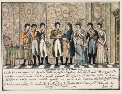 Bayonnův rozhovor v roce 1808 po povstání Aranjueze, kdy abdikace španělského krále Karla IV. postoupila trůn Napoleonovi I. před jeho synem Ferdinandem VII. (Fernando VII) od Unknown artist