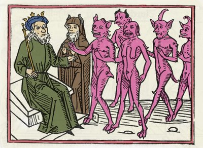 Belialův proces: „Beliálský démon doprovázený čtyřmi dalšími démony je přítomen soudci Solomonovi“ „Rytina z „Beliálského procesu““ od Jacobuse de Teramo (nebo Palladino), Ausburg od Unknown artist