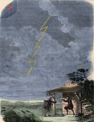 Benjamin Franklin, filozof, fyzik a americký velvyslanec, experimentuje se svým hromosvodem namontovaným na drakovi. září 1752. od Unknown artist
