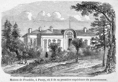 Dům Benjamina Franklina v Passy, kde udělal svou první zkušenost s hromosvodem – rytím od Unknown artist