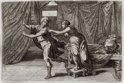 Bible of Royaumont, Starý zákon: Cudnost Josefova. Joseph vyžádaný manželkou Putifar (Pótifar) a uvězněn. Ilustrace z roku 1811. od Unknown artist