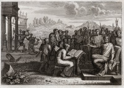 Bible of Royaumont, Starý zákon: Piete of Josias. Josiáš, král judský, obnovuje uctívání Boha ve svém království a ctí všechny krále, své předchůdce. Ilustrace z roku 1811. od Unknown artist