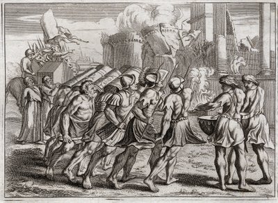 Bible of Royaumont, Starý zákon: Vzato z Jericha. Zdi Jericha padají k zemi za zvuku trubek kněží, kteří předcházeli Archu úmluvy Páně. Ilustrace z roku 1811. od Unknown artist