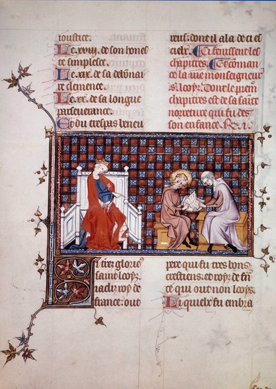 Blanche de Castille, královna Francie (1188-1252), řídila výchovu svého syna Ludvíka IX. (1214-1270) (Miniatura Saint Louis z rukopisu „Život a zázraky Saint Louis“ od Viléma ze Saint Pathus. 1320. Paříž , B.N. od Unknown artist