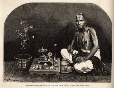 Brahmane klečí před obětním oltářem a modlí se. Rytina pro ilustraci plavby v poledníkových provinciích Indie, od Alfreda Grandidiera, v letech 1862-1864, publikovaná v „” le tour du monde””, editoval Edouard Charton, Hachette, Paříž 1869.Selva C od Unknown artist