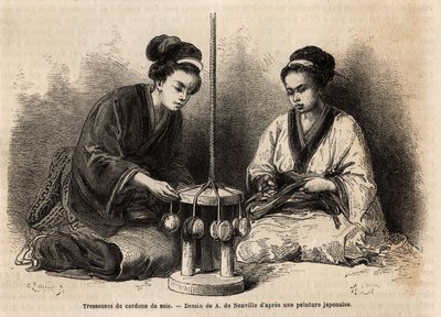 Pletení hedvábných provázků ve své dílně v Yedo (nebo Edo, dnešní Tokio); tyto copánky jsou velmi rozšířené, protože se používají k aranžování a udržování vojenských a civilních kostýmů (Japonci ignorují knoflík a sponu na zavazování oblečení). Engra od Unknown artist