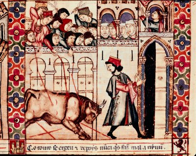 Býčí zápasy: býk zabíjí v aréně během tradičních svátků Plasenza (Plasencia) ve Španělsku, chorál 144. Miniatura z hymnu Panny Marie od Unknown artist