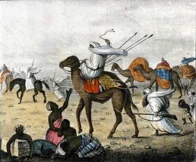 Karavana v poušti v Maroku během větrné bouře. od Unknown artist
