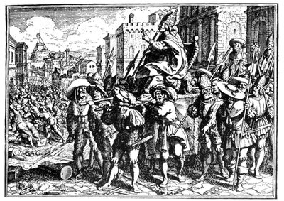 Karikatura o papeži Innocentovi I. během invaze a plenění Říma Alarichem I., králem Vizigótů, v roce 410 (Sac of Rome). Rytina - v „“ Kronice Goffreda““. od Unknown artist