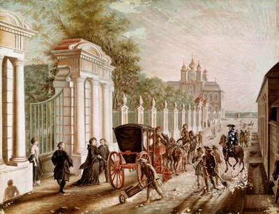 Kateřina II. nebo Kateřina Alexejevna (1729-1782) opustila palác Peterhof, než byla v roce 1762 korunována císařem. Litografie z konce 18. století. Petrohrad. Chateau De Peterhof od Unknown artist