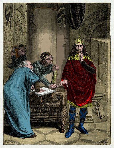 Karel Veliký diktuje své kapituly svému ministru Alcuinovi (732-804), Rytina 19. stol. od Unknown artist