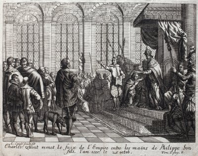 Karel V. (1500-1558) 25. října předal faix Říše Filipovi II. (Felipe) (1527-1598), svému synovi. od Unknown artist