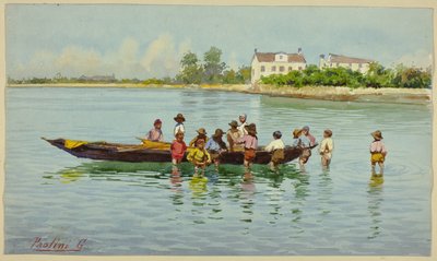 Děti s lodí na benátské laguně od Unknown artist