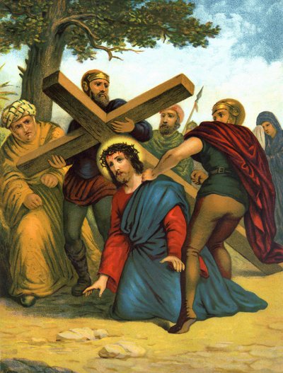 Chromolitografie konce 19. století zobrazující život Krista: Ježíš poprvé padá pod křížem. od Unknown artist