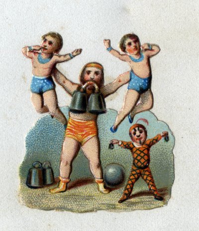Cirkus: alterofil zvedá dva muže na délku paže, přičemž mezi zuby drží závaží, aby předvedl, co jeho svaly dokážou. Chromolitografie kolem roku 1890. od Unknown artist