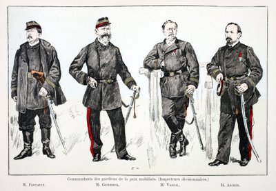 Velitelé mobilizovaných mírových jednotek (divizní inspektoři), zleva doprava: p. Foucault, p. Giobergia, p. Vassal, p. Archer. Eau forte en couleurs, pour ilustrační “” Histoire du corps des gardiens de la paix””” kniha vydaná pod záštitou od Unknown artist
