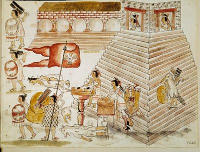 Dobytí Mexika: Zničení Tenochtitlanu, hlavního města Aztécké říše, armádami dobyvatele Hernana Cortese (1485-1547) 24. 6. 1520”” Miniatura z rukopisu od Unknown artist