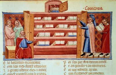 Cornelius Nepos, římský životopisec (100-v.25 př. n. l.), objeví v šatníku Historii Tróje of Dares Frygian. Miniatura v „“Le Roman de Troie““ (Folio 2v) od Benoita de Sainte-Maure (12. století) od Unknown artist