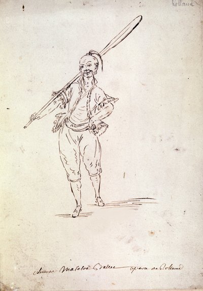 Kostým pro postavu Rolanda ve stejnojmenné opeře skladatele Niccolo Vita Piccinniho (neboli Picciniho) (1728-1800) podle libreta Jeana Francoise Marmontela (1778). Kresba konce 18. století od Unknown artist