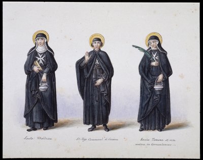 Kostýmy: 1. Santa Ubaldesca, 2. St Ugo di Genova, 3. Santa Toscana di Vita. sd. 19. století. od Unknown artist