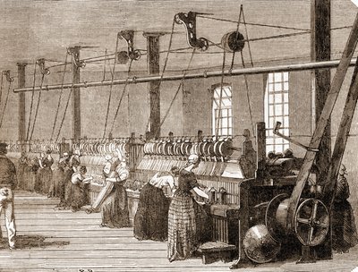 Dílna na tkaní bavlny. 1860 rytina. od Unknown artist